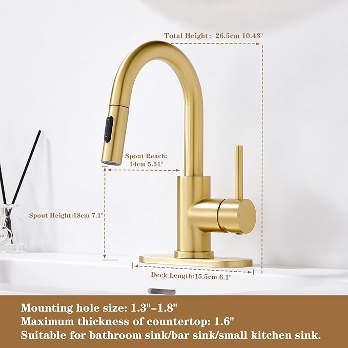 Bathroom Sink Faucet with Pull Down Sprayer,Single Handle Pull Out Faucet with Pop-Up Drain, 1 or 3 Hole Laundry Bar Basin Brushed Gold Faucet with Deck Plate