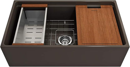 BOCCHI Contempo Workstation Apron Front Step Rim Fireclay 33 in. Single Bowl Kitchen Sink with Accessories in Matte Brown