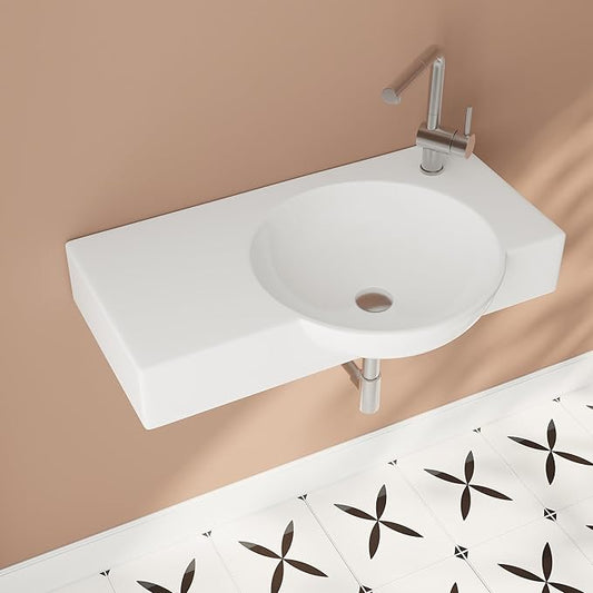 DeerValley 30"x18" Wall Mounted Bathroom Vessel Sink, White Modern Modern Floating or Countertop bathroom sink，Lavatory Vessel Sink，Porcelain Ceramic Right Side Wall Hung Sink