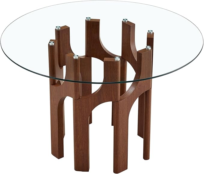 Glass Round Dining Table for 4 6 Person, 46 Inch Glass Kitchen Dining Room Table with Wooden Walnut Pedestal Base,Modern Circle Clear Glass Top Dinner Table for Small Spaces Home/Apartment
