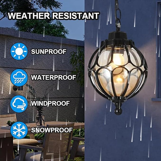 Outdoor Pendant Light Fixtures for Porch, Waterproof Exterior Lantern Glass Vintage Hanging Ceiling Light Retro Aluminum Outside Chandelier for Porch Patio Entryway Farmhouse (18cm/7",Black)