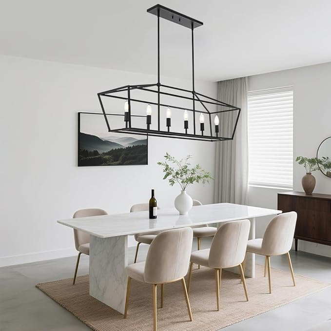 BONLICHT 6 Light Farmhouse Chandelier Black Modern Linear Kitchen Island Lights Industrial Vintage Candle-Style Dining Room Lighting Fixture Hanging Foyer Ceiling Lights with Adjustable Rods,E12 Base
