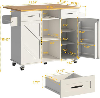 knoworld 51.5'' Rolling Kitchen Island with Storage Cabinet & Drawers, Drop Leaf Kitchen Cart on Wheels, Farmhouse Portable Mobile Islands, Large Butcher Block Table with Tower/Spice Rack, White
