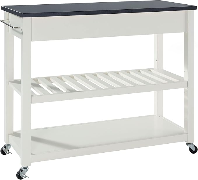Crosley Furniture Granite Top Kitchen Prep Rolling Cart, Microwave Stand, Coffee Bar, with Shelves, White