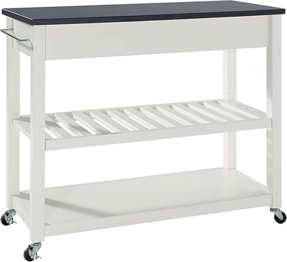 Crosley Furniture Granite Top Kitchen Prep Rolling Cart, Microwave Stand, Coffee Bar, with Shelves, White