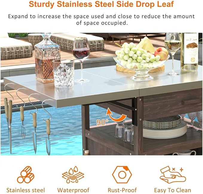 Casaphoria 40.5" Outdoor BBQ Grill Cart, tainless Steel Top Rolling Outdoor Kitchen Cart, Flip Board, Fir Wood Bar Carts with Towel Holder, Lockable Wheels for Patio Lawn Garden,Brown