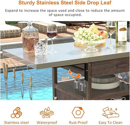 Casaphoria 40.5" Outdoor BBQ Grill Cart, tainless Steel Top Rolling Outdoor Kitchen Cart, Flip Board, Fir Wood Bar Carts with Towel Holder, Lockable Wheels for Patio Lawn Garden,Brown