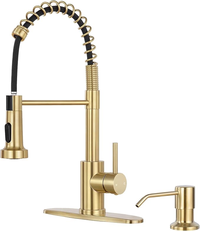 Kitchen Sink Faucet with Soap Dispenser,Commercial Single Handle Kitchen Faucets with Deck Plate (Brush Gold)