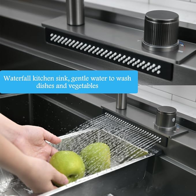 33 Inch Black Waterfall Drop In Kitchen Sink Workstation -Bokaiya 33x19 Black Stainless Steel Smart Sink with Faucet Combo 16 Gauge 10" Deep Top Mount Single Bowl Modern Kitchen Sink