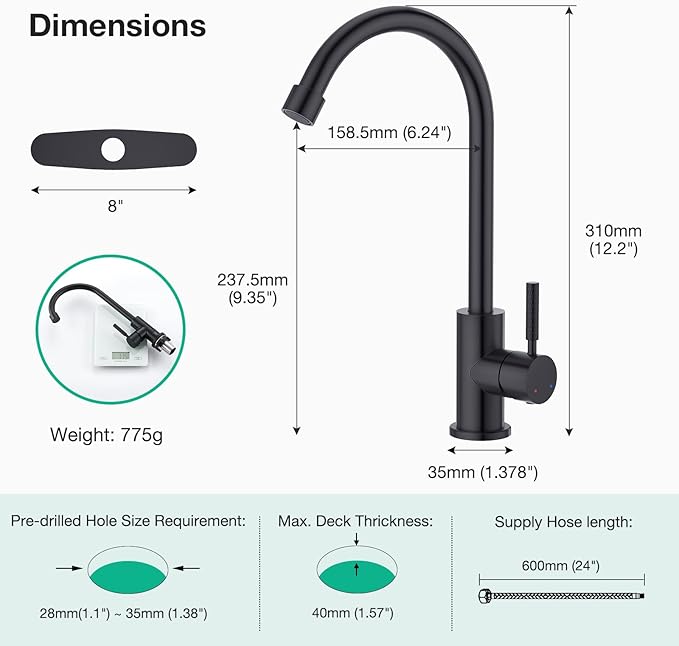 CREA Matte Black Faucet for Kitchen Bar Outdoor Sink 1 Hole 3Holes(with Deck Plate)，High Arc 360°Swivle Single Handle Tap Brushed 304 Stainless Steel