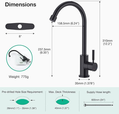 CREA Matte Black Faucet for Kitchen Bar Outdoor Sink 1 Hole 3Holes(with Deck Plate)，High Arc 360°Swivle Single Handle Tap Brushed 304 Stainless Steel
