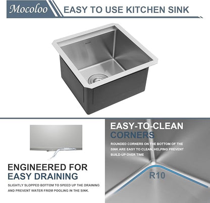 Mocoloo Square Undermount Bar Sink 15x15 Inch Single Bowl Undermount Kitchen Sink 16 Gauge Stainless Steel Bar Prep Workstation 9" Handmade Sinks
