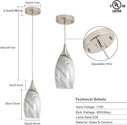 Kitchen Pendant Lighting for Island, Modern Edison Hanging Light with Handcrafted Art Glass, Adjustable Nylon Core Ceramic Holder Lighting Fixture Indoor for Dining Room, Entryway (Bulb Not Included)