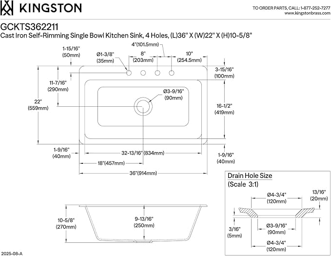 Gourmetier GCKTS362211 Towne 36-Inch Cast Iron Drop-In Kitchen Sink, 4-Hole, White