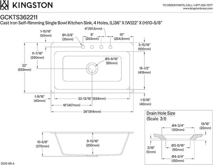 Gourmetier GCKTS362211 Towne 36-Inch Cast Iron Drop-In Kitchen Sink, 4-Hole, White