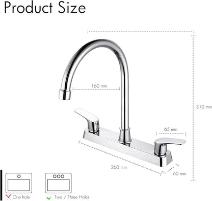 SOLVEX 2 Handle Kitchen Sink Faucet, High Arc 360 Swivel Stainless Steel Pipe 3 Hole Kitchen Faucet, Commercial Modern Chrome Kitchen Sink Faucet, US-SP-80066