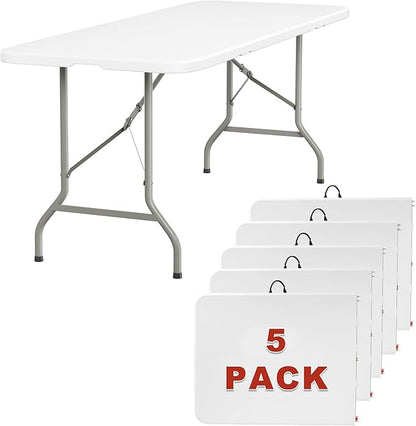 Elevon 6FT Folding Tables – Heavy Duty Portable Foldable Table with Built-in Handle, 300 lb Capacity – Ideal for Events, Parties, Crafts, Camping & Dining (5-Pack)