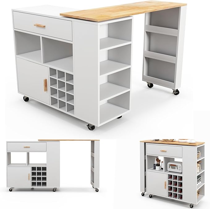 Giantex Mobile Kitchen Island Cart, 4-in-1 Reversible Serving Cart Bar Table Combo, Storage Cart on Wheels w/Rubber Wood Top, Adjustable Shelf, 12-Bottle Wine Rack, Spice Rack for Dining Room, White