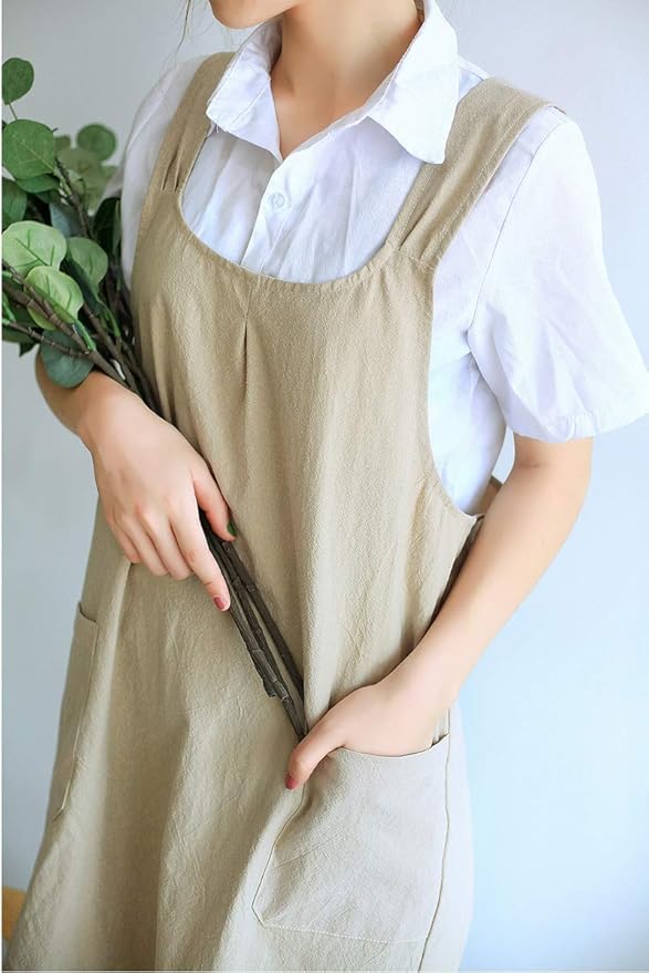 Soft Cotton Linen Apron Cross Back X-Shaped Japanese Style Pinafore Dress for Cooking, Housewarming, Daily Chores