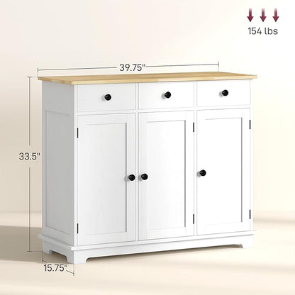 HOMCOM Sideboard Buffet Cabinet with Solid Wood Countertop, Modern Kitchen Storage Cabinet, Coffee Bar Cabinet with 3 Drawers, Doors and Adjustable Shelf, Distressed White