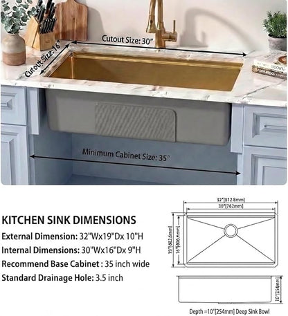 LQS Gold Kitchen Sink, 32 Inch Gold Undermount Kitchen Sink, 32” x 19" Stainless Steel 16 Gauge Kitchen Sinks with Pratical Accessories For Luxury Kitchens, Round Corner and X Drain Line