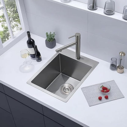 VCCUCINE Bar Sink Drop in, 15 x 17 Inch Topmount RV Small Kitchen Sink, 16 Gauge Overmount Stainless Steel Laundry Wet Bar Sink, Top Mount Outdoor Single Bowl,Brushed Nickel Prep Sink with Accessories