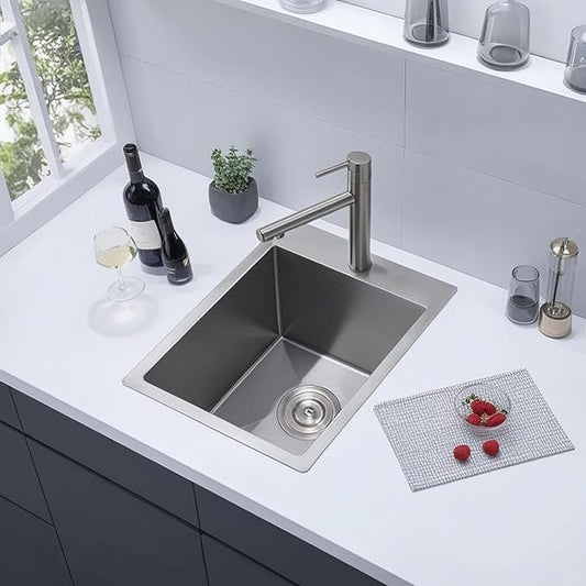 VCCUCINE Bar Sink Drop in, 15 x 17 Inch Topmount RV Small Kitchen Sink, 16 Gauge Overmount Stainless Steel Laundry Wet Bar Sink, Top Mount Outdoor Single Bowl,Brushed Nickel Prep Sink with Accessories