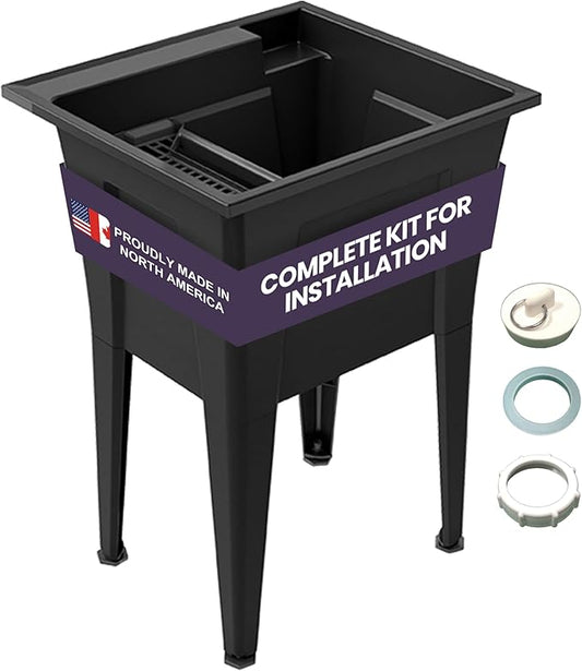 24” Utility Sinks for Laundry Room, Garage, Garden, Basement – Noah William Home Indoor and Outdoor Polypropylene Basement Wash Tub - No Faucet Included (Black)
