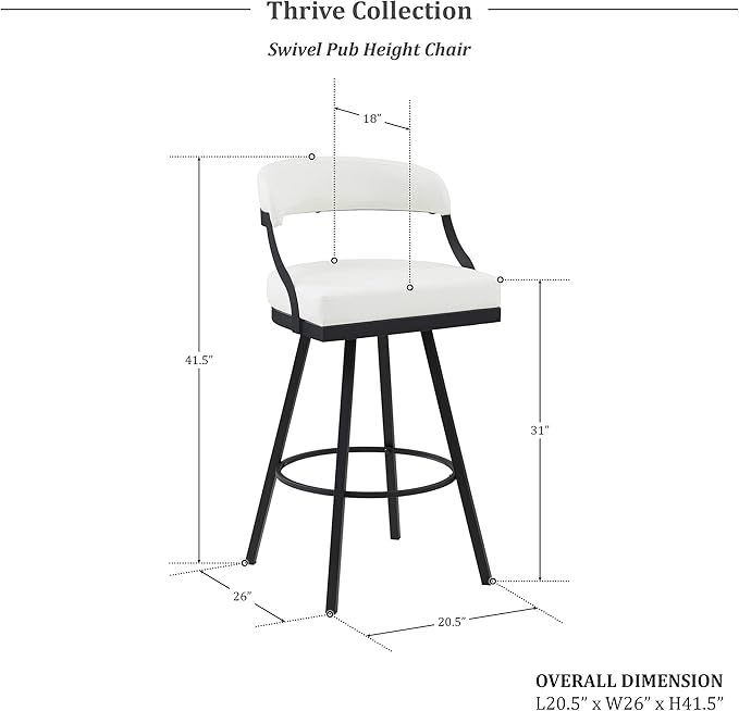 Lexicon Swivel Bar Stools Set of 2 - Bar Height Stools for Kitchen Island, Padded Seat, Open Back, Sturdy Black Metal Frame Finish and White Faux Leather Cushion Seat, White