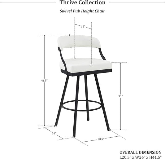 Lexicon Swivel Bar Stools Set of 2 - Bar Height Stools for Kitchen Island, Padded Seat, Open Back, Sturdy Black Metal Frame Finish and White Faux Leather Cushion Seat, White