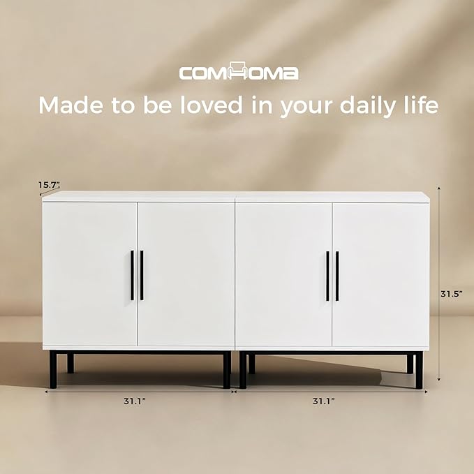 COMHOMA Sideboard Buffet Cabinet with Storage, Modern Wood Versatile Coffee Bar Console Table for Living Room Kitchen, Dining Room, Hallway，White-2 Pack