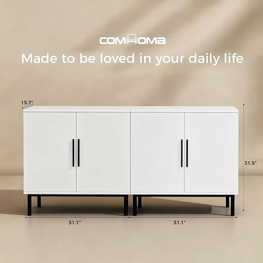 COMHOMA Sideboard Buffet Cabinet with Storage, Modern Wood Versatile Coffee Bar Console Table for Living Room Kitchen, Dining Room, Hallway，White-2 Pack