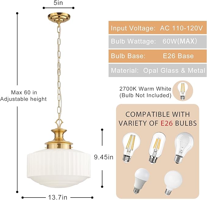 Vintage Schoolhouse Pendant Light 14" Milk Glass Pendant Light Farmhouse Brass Gold Chandelier Glass Pendant Light Fixture for Kitchen Island Lighting, Dining Room, Foyer