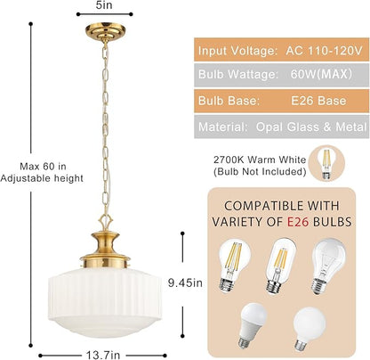 Vintage Schoolhouse Pendant Light 14" Milk Glass Pendant Light Farmhouse Brass Gold Chandelier Glass Pendant Light Fixture for Kitchen Island Lighting, Dining Room, Foyer