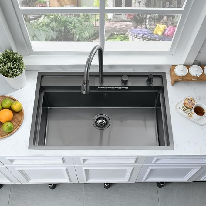 33 Inch Black Waterfall Drop In Kitchen Sink Workstation -Bokaiya 33x19 Black Stainless Steel Smart Sink with Faucet Combo 16 Gauge 10" Deep Top Mount Single Bowl Modern Kitchen Sink
