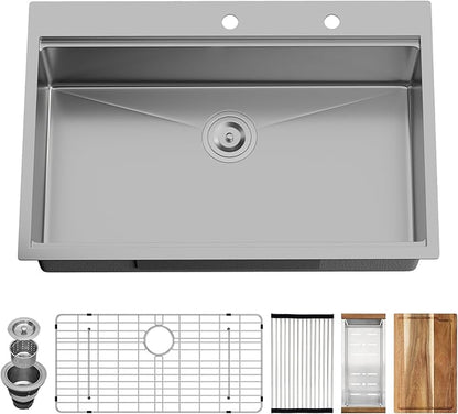 33x22 Drop In Kitchen Sink Workstation - Couoko 33 Inch 16 Gauge T304 Stainless Steel Drop In Sink Large Deep Handmade Single Bowl Kitchen Sinks with Accessories, 33"x22"x9"