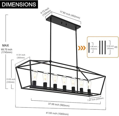 VINLUZ 38.4-Inch 7 Light Contemporary Dining Room Chandelier,Farmhouse Hanging Ceiling Kitchen Island Lighting in Matte Black Finish Rectangle Modern Pendant Light Adjustable Height