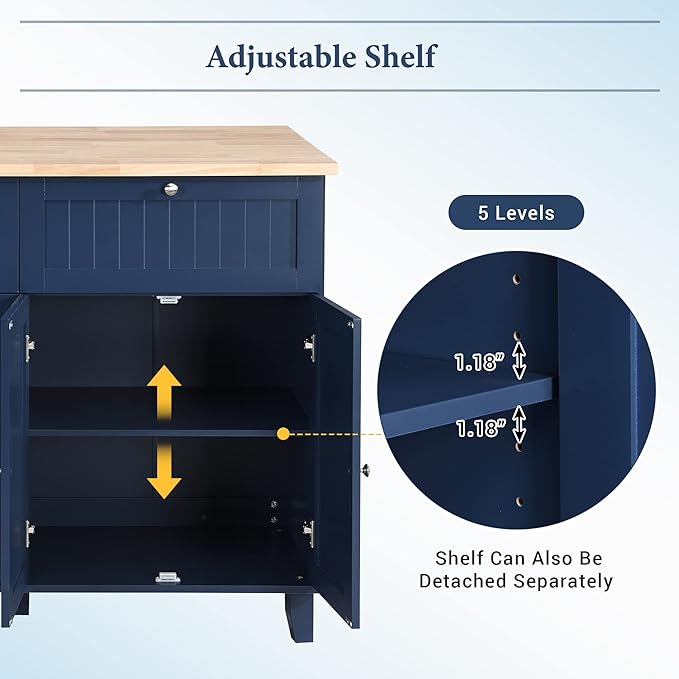 Modern Counter Height Drop Leaf Kitchen Island Set with 2 Seatings, Solid Wood Freestanding Dining Table Set with Storage Cabinet, Drawers and Towel Rack for Dining Room Kitchen (Blue)