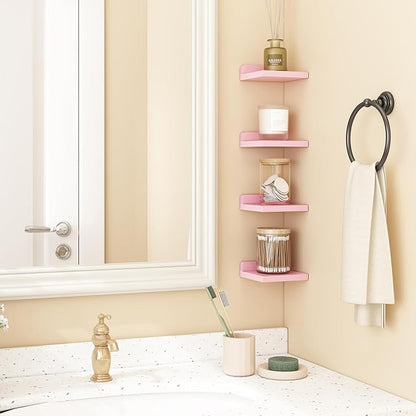 Fixwal Pink Shelves, 5x5 Inches Small Wall Shelf Set of 4, Rustic Wood Floating Wall Mounted Shelves for Bedroom, Living Room, Kitchen, Bathroom Decor (Pink)