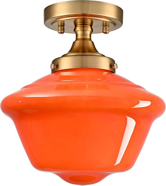 SAMTEEN Gold Semi Flush Mount Ceiling Light 10-Inch Schoolhouse Light Fixtures Orange Milk Glass Ceiling Light Modern Hallway Light Fixtures Brass Vintage Light for Bedroom Entryway