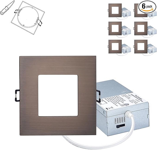 POPANU Recessed Lighting 4-inch Square-LED - Canless Recessed Light Fixture, Dimmable Ceilling Light with Junction Box, 2700|3000|3500|4000|5000K, 9W, Oil Rubbed Bronze, 6P