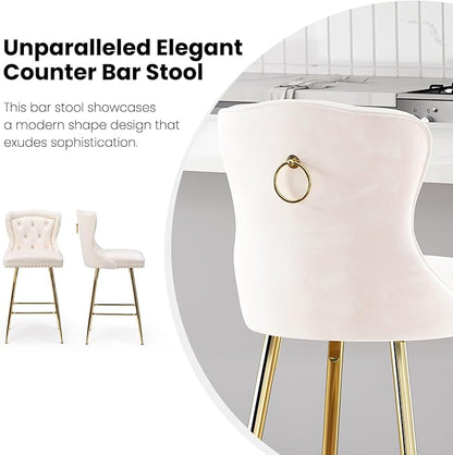 Stools Set of 2, Velvet Counter Height Stools with Metal Legs, Button Tufted and Nailheads Trim, Wing-Back Chairs for Kitchen Island Dining Room Pub, Beige