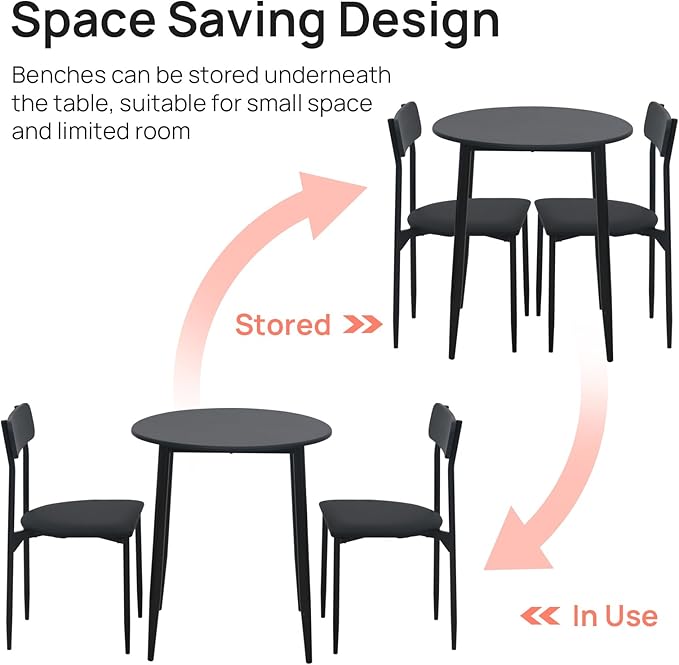 walsport Round Dining Table Set for 2, 3-Piece Wood Tabletop Samill Kitchen Table and Chairs with Strong Metal Frame, Modern Dinette with Chairs for Small Spaces Living Room (Black)