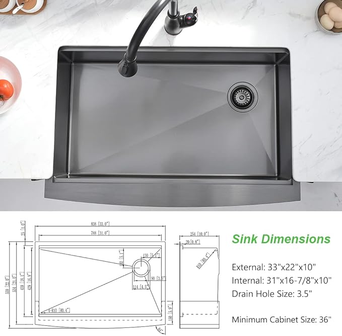 33x22 Black Farmhouse Sink For Kitchen Workstation, Apron Front Stainless Steel Farm Sink 33 Inch Single Bowl Handmade 16 Gauge Black Sink Kitchen