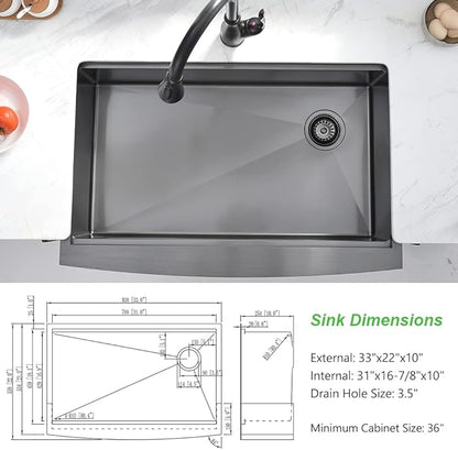 33x22 Black Farmhouse Sink For Kitchen Workstation, Apron Front Stainless Steel Farm Sink 33 Inch Single Bowl Handmade 16 Gauge Black Sink Kitchen