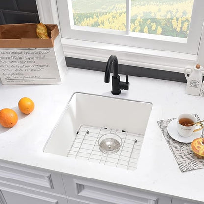 21 Inch Rv Sink Undermount-VASOYO 21x19 Wet Bar Sink Undermount Prep Outdoor Sinks White Quartz Composite Kitchen Sinks Small Deep Singe Basin with Bottom Grid
