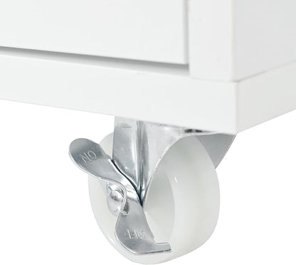 Rolling Kitchen Island with Extended Table,Kitchen Island on Wheels with LED Lights,Power Outlets and 2 Fluted Glass Doors, with a Storage Compartment and Side 3 Open Shelves (White~018)