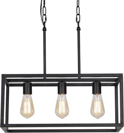 AMZASA 3-Light Black Linear Chandelier Modern Rectangle Farmhouse Dining Room Light Fixture for Kitchen Island Bar UL Listed