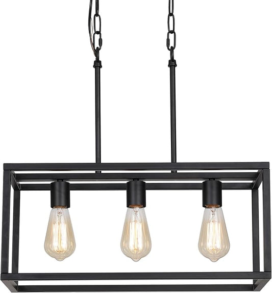 AMZASA 3-Light Black Linear Chandelier Modern Rectangle Farmhouse Dining Room Light Fixture for Kitchen Island Bar UL Listed