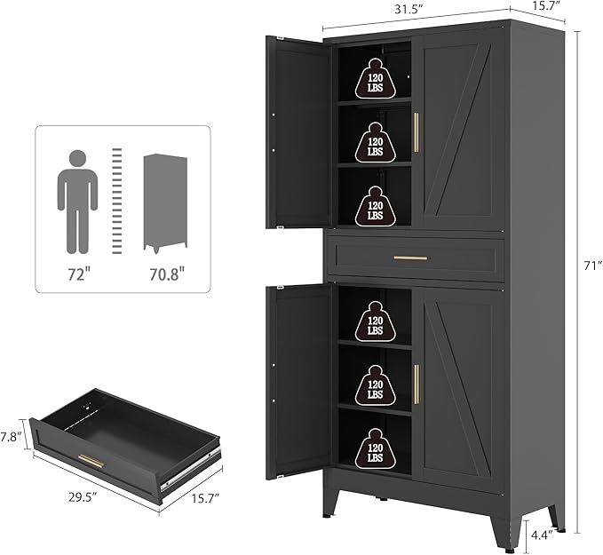 Bevivog Metal Storage Cabinet with Drawers, Tall Cabinets with Doors and Shelves, 4 Doors High Storage Cabinet for Office/Pantry/Living Room
